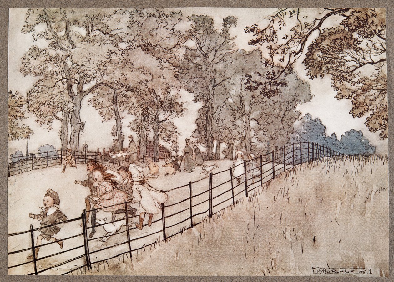La Joroba que es la parte del Paseo Ancho donde se corren todas las grandes carreras, de Peter Pan en los Jardines de Kensington de J M Barrie, pub. 1906 de Arthur Rackham