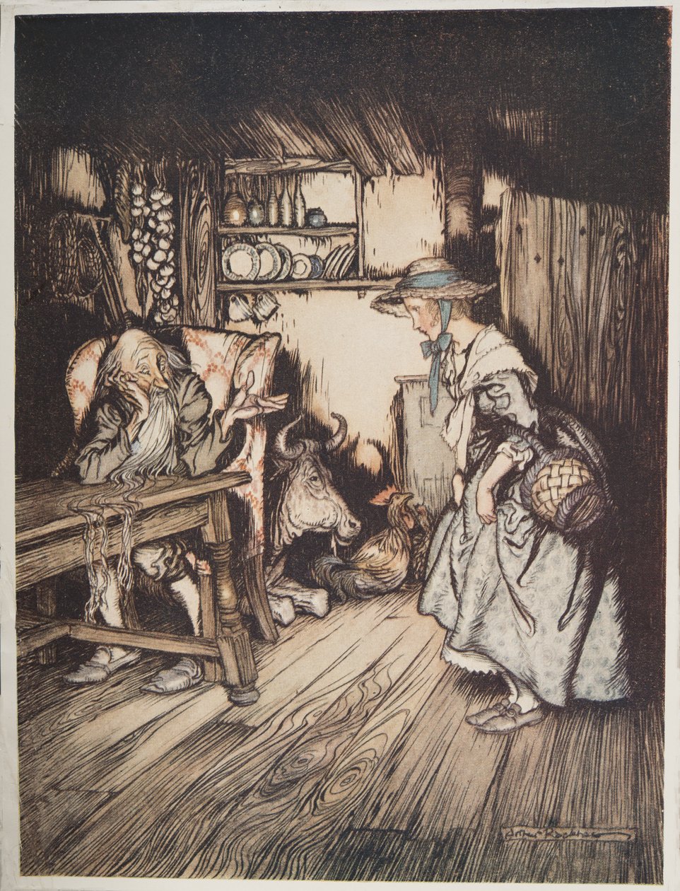 La cabaña en el bosque, de Hermanito y hermanita y otros cuentos de los hermanos Grimm, pub. 1917 de Arthur Rackham