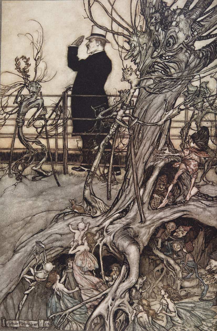 Los Jardines de Kensington están en Londres, donde vive el Rey.., de Peter Pan en los Jardines de Kensington por J M Barrie (1860 - 1937), pub. 1906 de Arthur Rackham