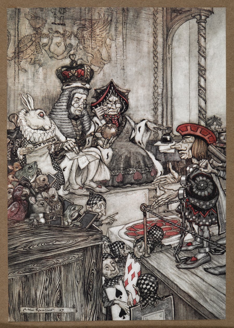 El Bribón de Corazones en el banquillo ante la Reina y el Rey de Corazones acusados de robar las tartas de Arthur Rackham