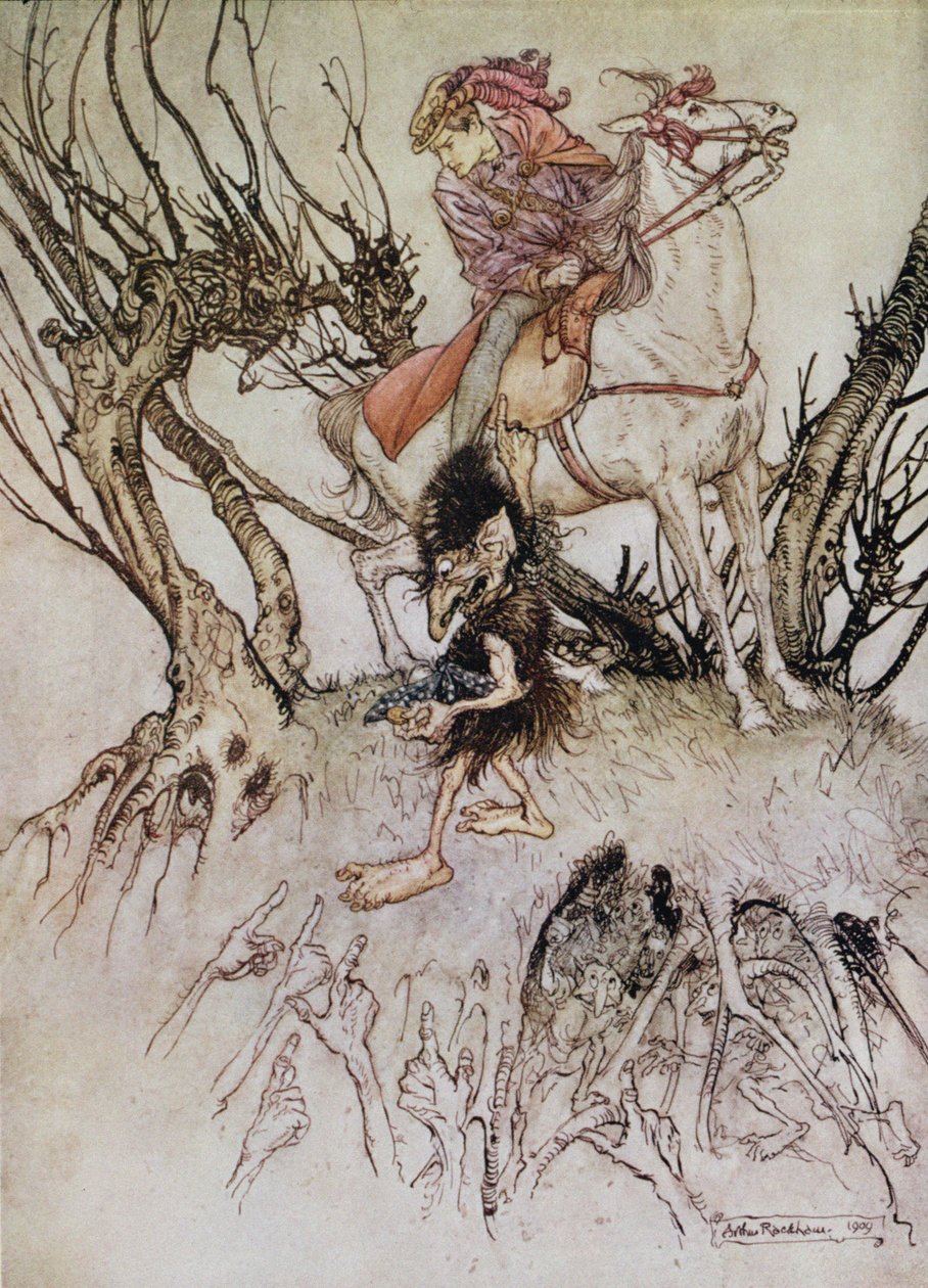 El caballero Hulbrand con un gnomo, ilustración para el cuento 