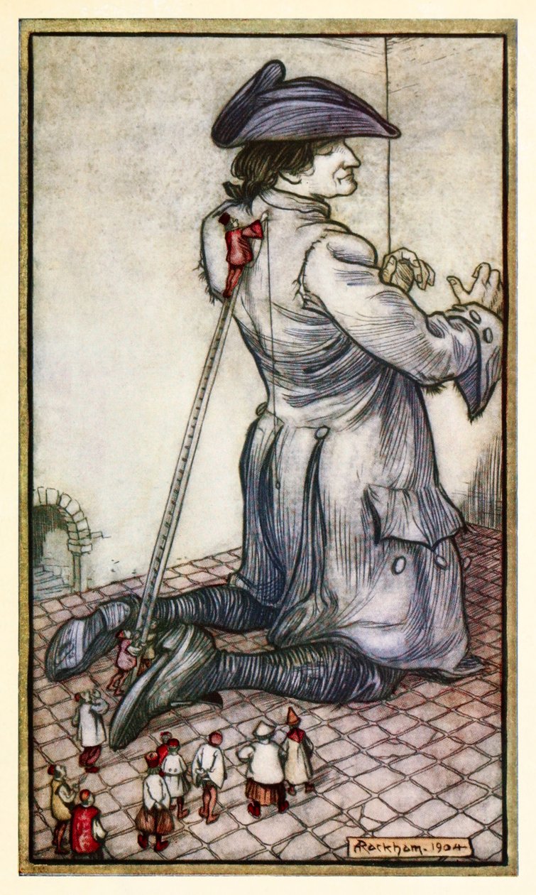 Los sastres lilliputienses miden a Gulliver para un nuevo traje, de la Parte I: Un viaje a Lilliput en Los viajes de Gulliver de Jonathan Swift de Arthur Rackham