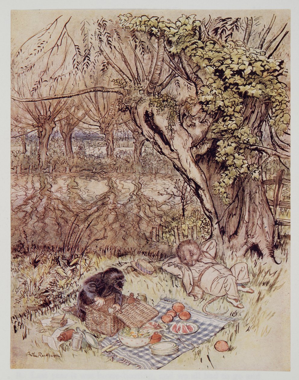 El Topo rogó como un favor que se le permitiera desempacarlo todo él solo, de El viento en los sauces de Kenneth Grahame (1859 - 1932), pub. 1940 de Arthur Rackham