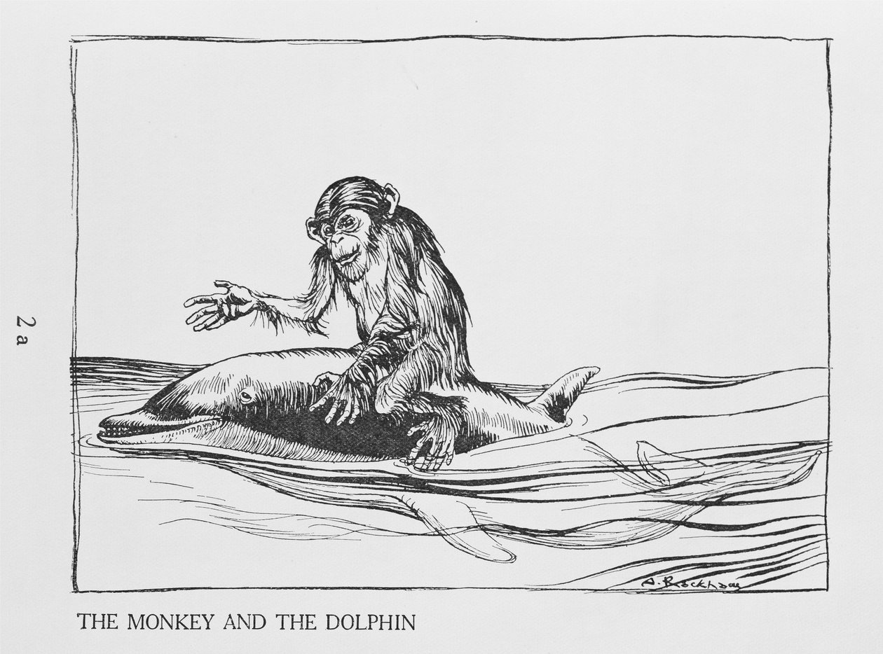 El mono y el delfín, ilustración de las Fábulas de Esopo, publicada por Heinemann, 1912 de Arthur Rackham