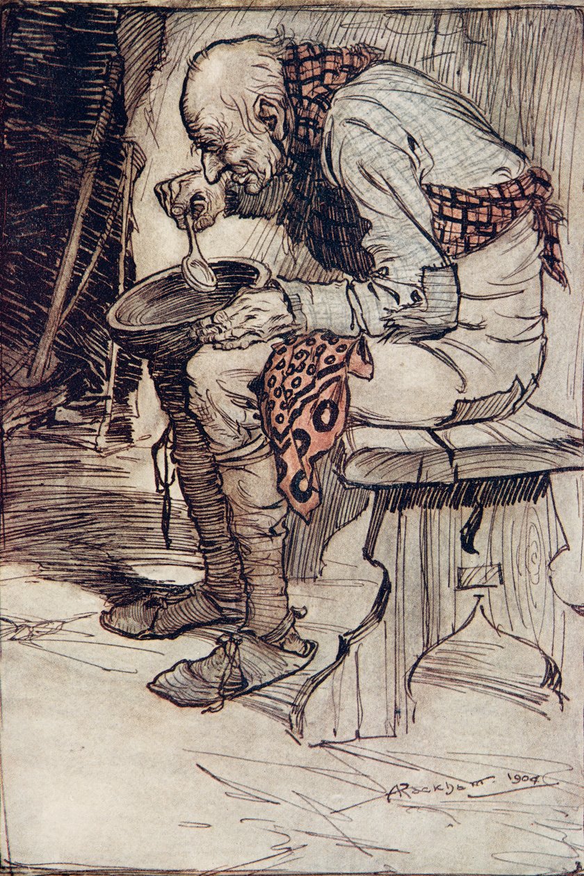 El anciano tuvo que sentarse solo y comía su comida en un cuenco de madera, de Los cuentos de hadas de los hermanos Grimm, pub. 1909 de Arthur Rackham