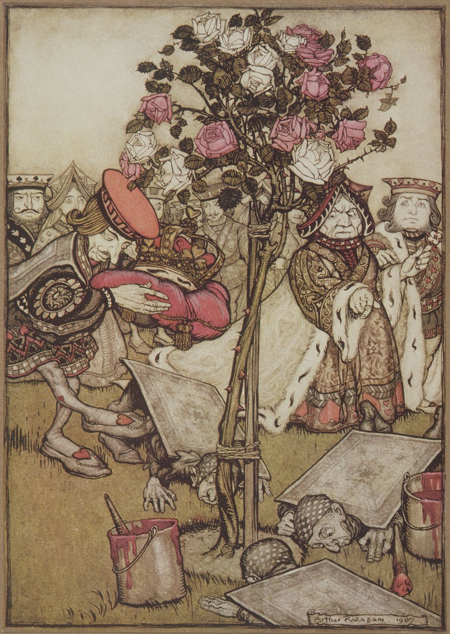 La Reina se volvió enojada hacia él y dijo al Sota, "Dales la vuelta", de Las aventuras de Alicia en el país de las maravillas, de Lewis Carroll, pub. 1907 de Arthur Rackham