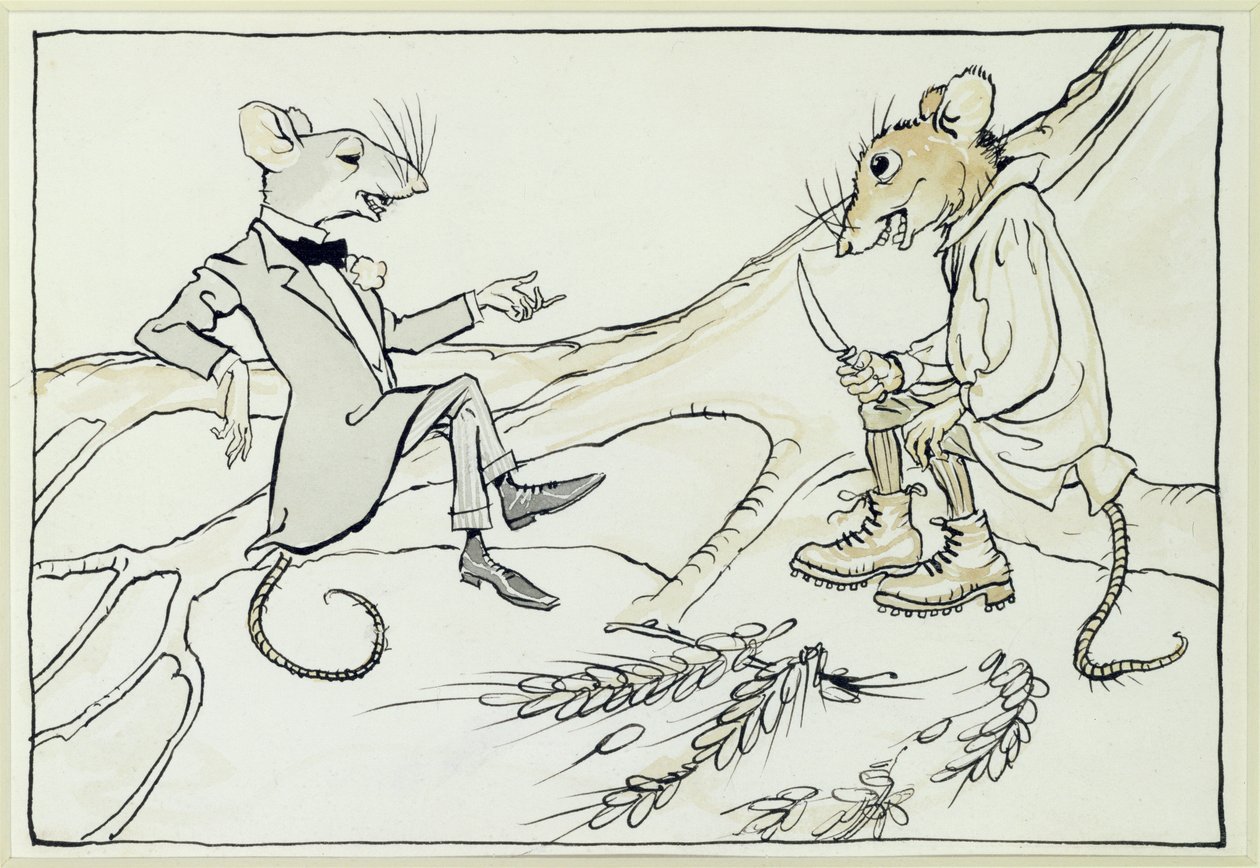 El ratón de la ciudad y el ratón del campo, ilustración de Fábulas de Esopo, publicada en 1912 de Arthur Rackham