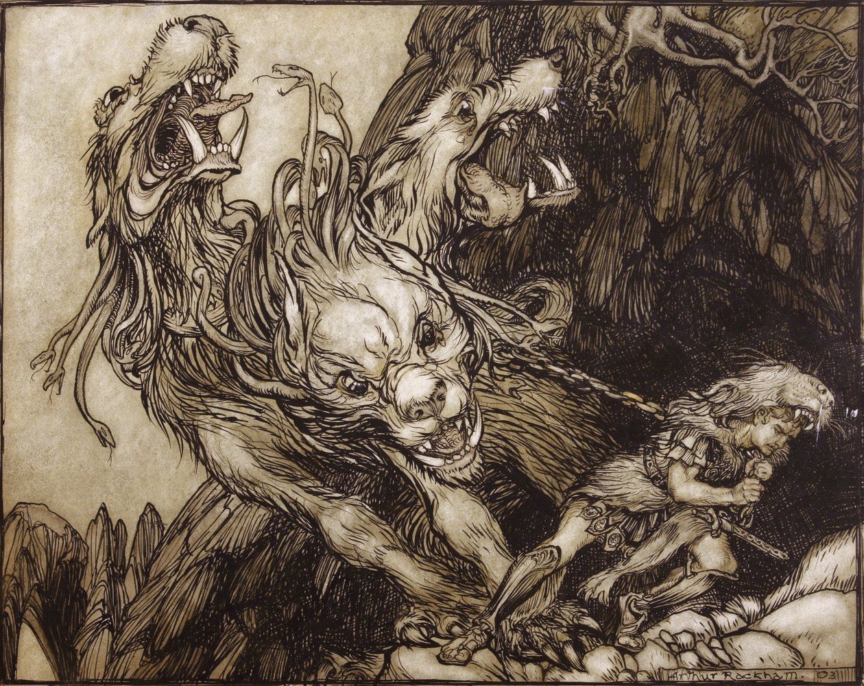 El duodécimo trabajo de Hércules, ilustración de Los Héroes Griegos de B.G. Niebuhr, 1903 de Arthur Rackham