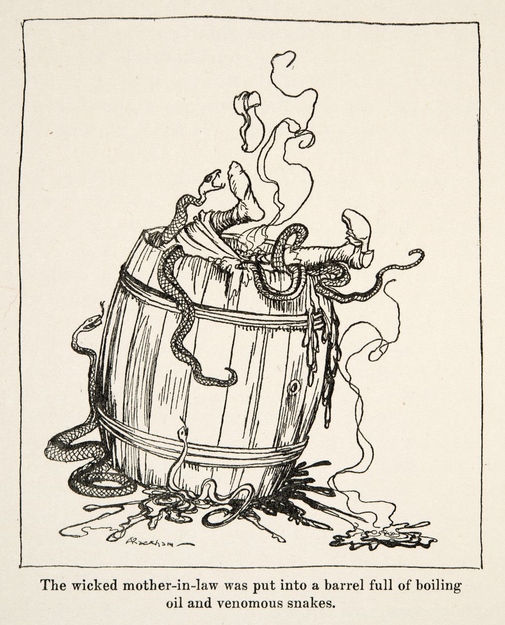 La malvada suegra fue puesta en un barril lleno de aceite hirviendo y serpientes venenosas, de Hermanito y Hermanita y otros cuentos de los Hermanos Grimm, pub.1917 de Arthur Rackham