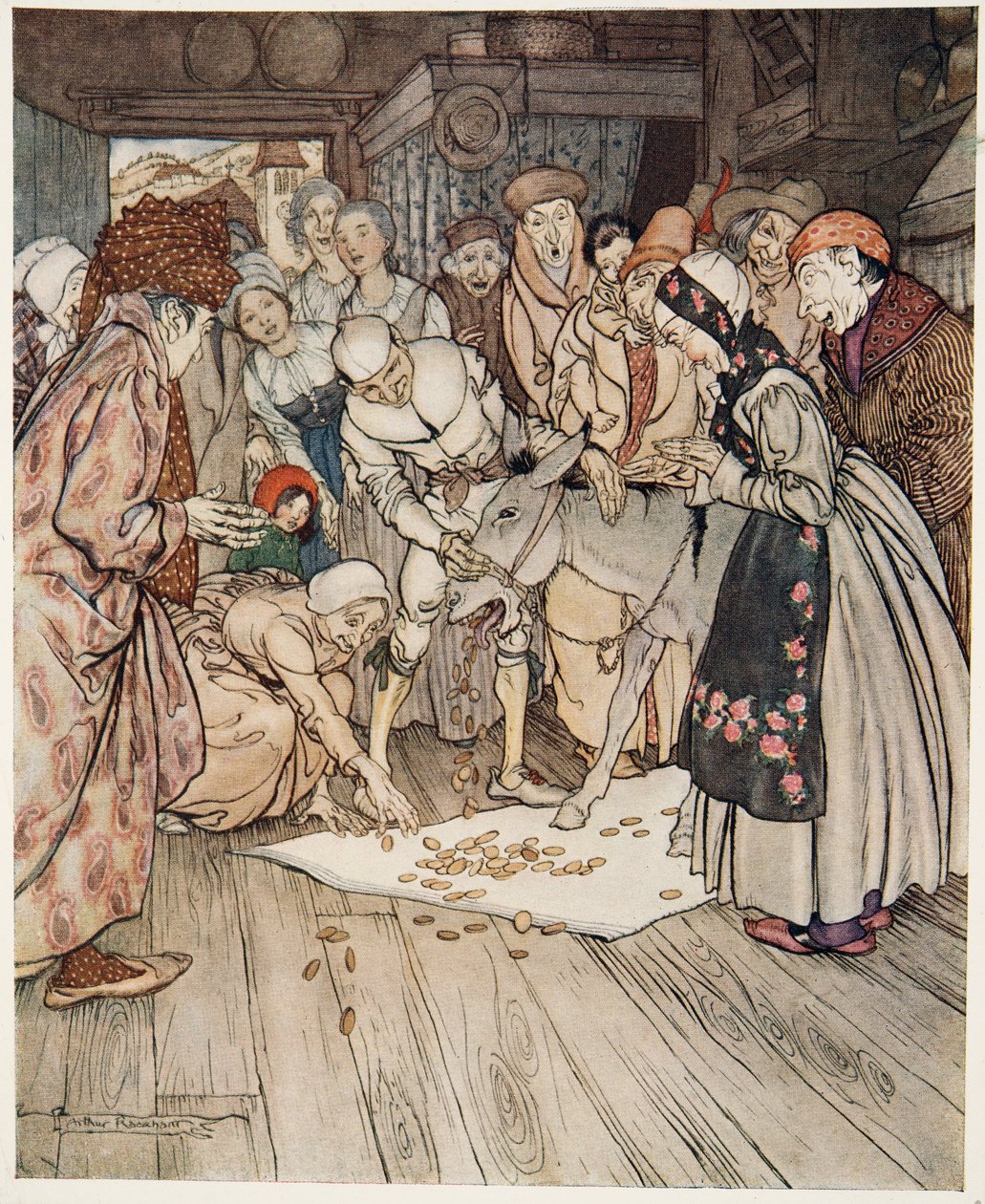 La mesa de los deseos, el asno de oro y el garrote en el morral, de Hermanito y hermanita y otros cuentos de los hermanos Grimm, pub. 1917 de Arthur Rackham