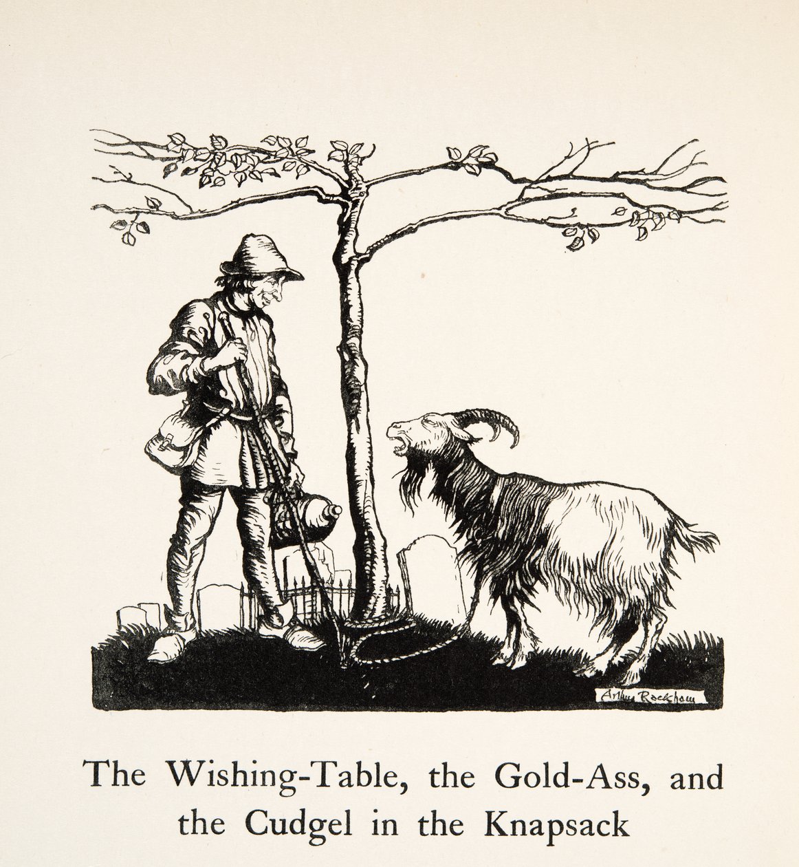La mesa de los deseos, el asno de oro y el garrote en la mochila, de Hermanito y Hermanita y Otros Cuentos de los Hermanos Grimm, pub.1917 (litografía) de Arthur Rackham