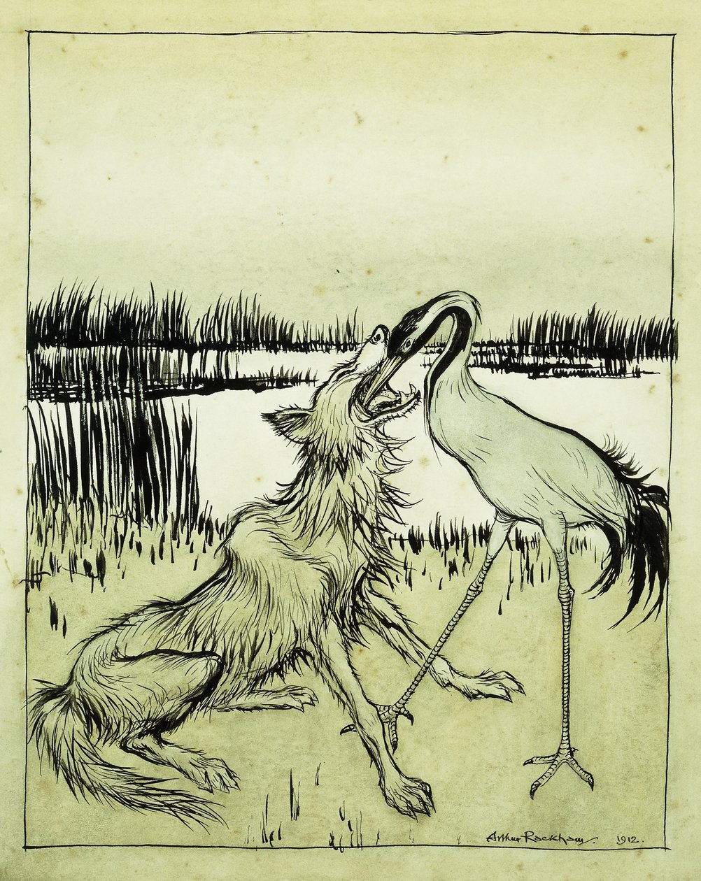 El lobo y la grulla - Fábulas de Esopo de Arthur Rackham