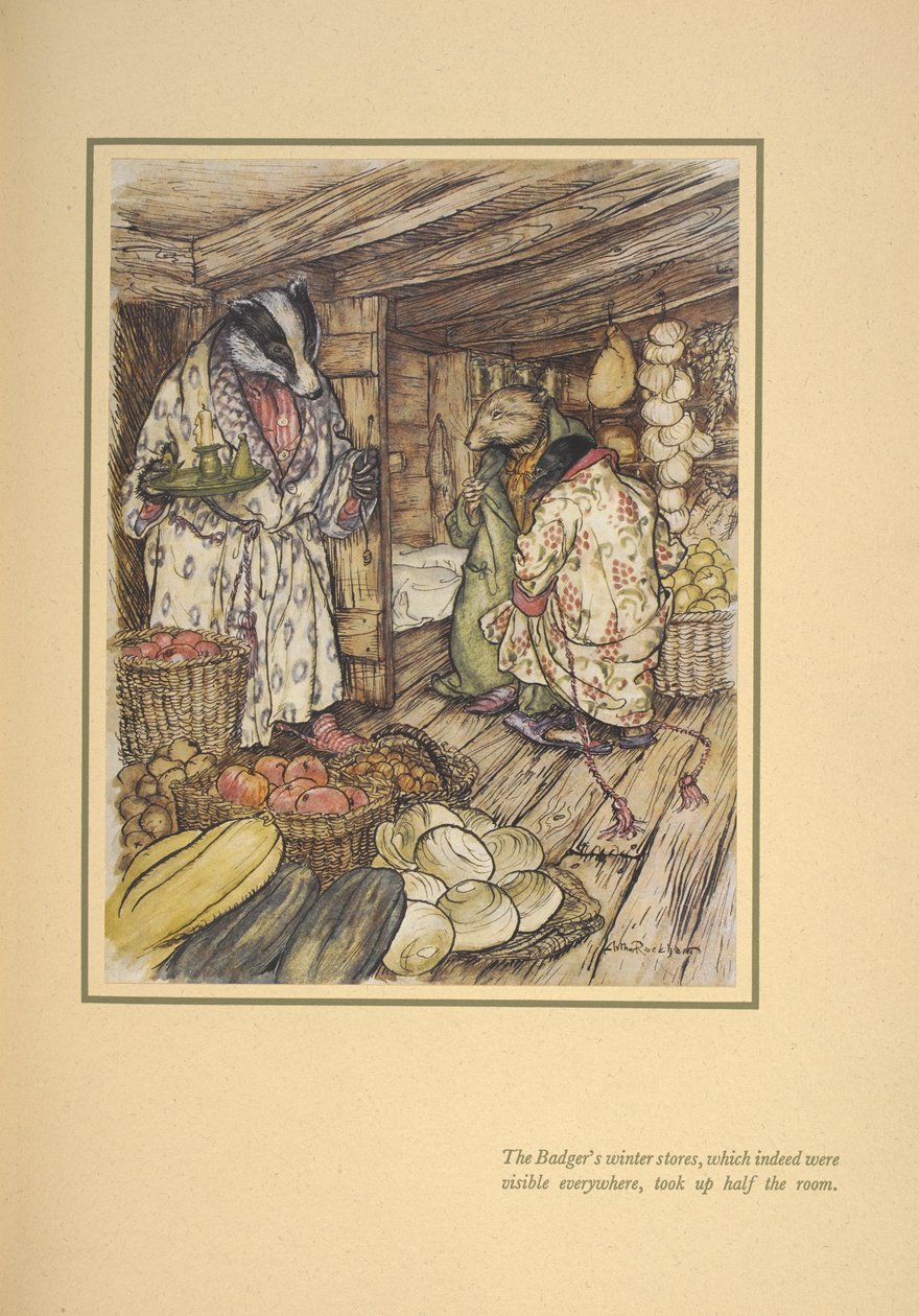 Los almacenes de invierno del tejón, que se veían por todas partes, ocupaban la mitad de la habitación". de Arthur Rackham