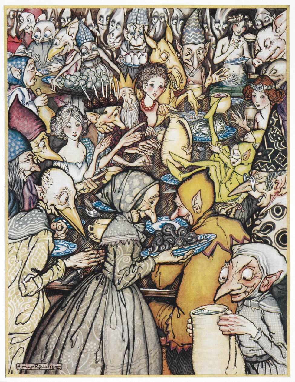 "El banquete donde se reunió la verdadera gran compañía". El rey elfo, con una corona de oro, sus hijas, y duendes y trolls reunidos para una comida. Ilustración de "la colina de los elfos". de Arthur Rackham