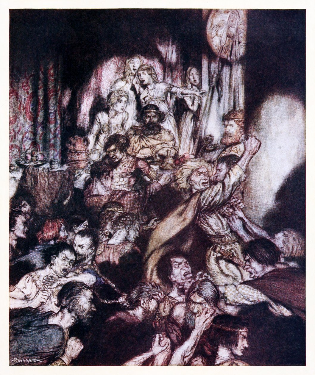 El salón de banquetes estaba en tumulto de La pequeña pelea en Cuentos de hadas irlandeses de Arthur Rackham