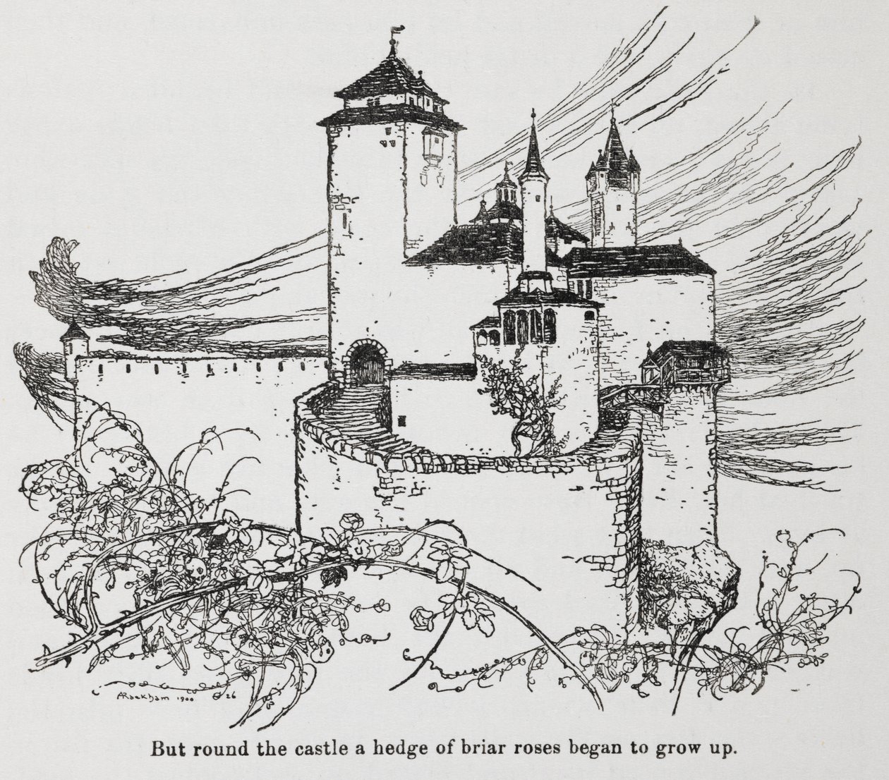 El castillo rodeado de espinas de Briar Rose (La Bella Durmiente) de Arthur Rackham