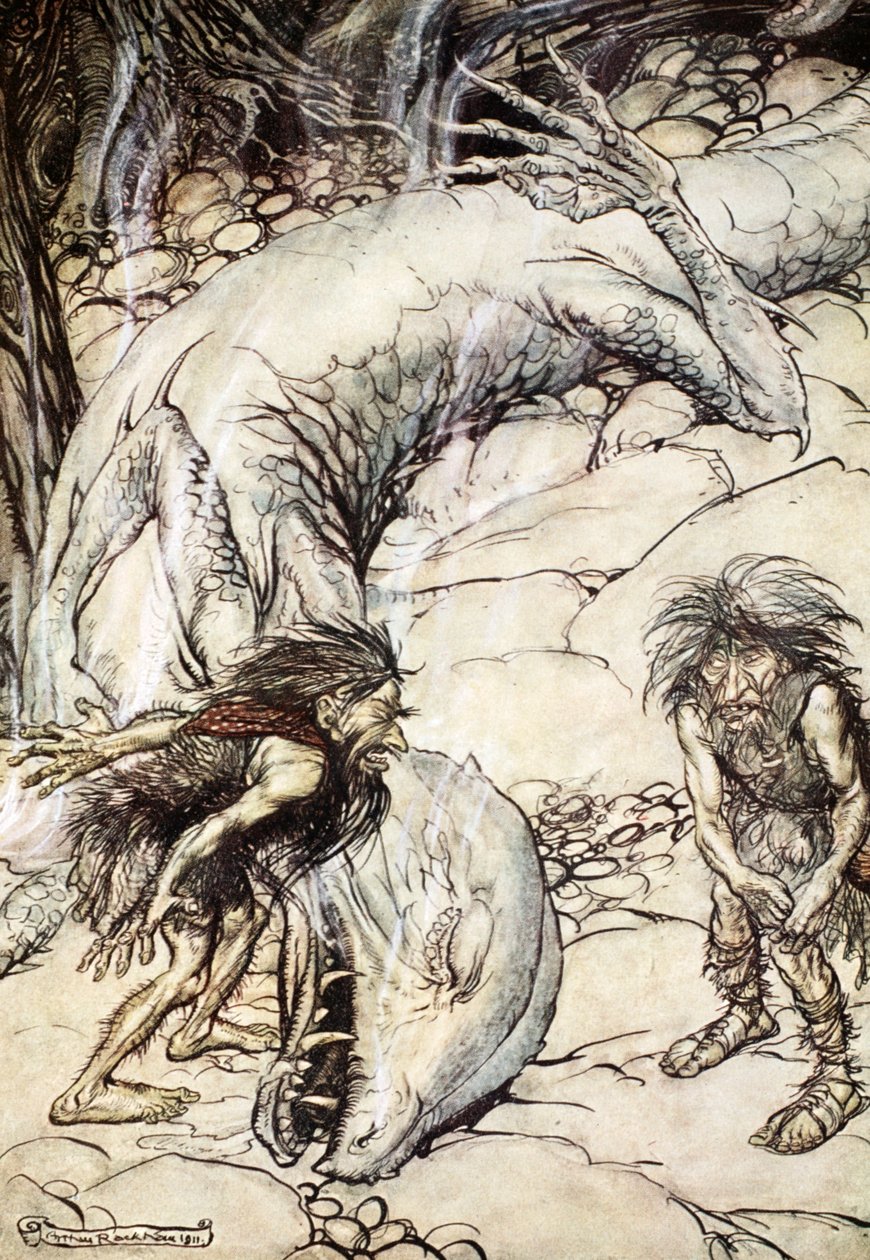 Los enanos peleando por el cuerpo de Fafner de Arthur Rackham