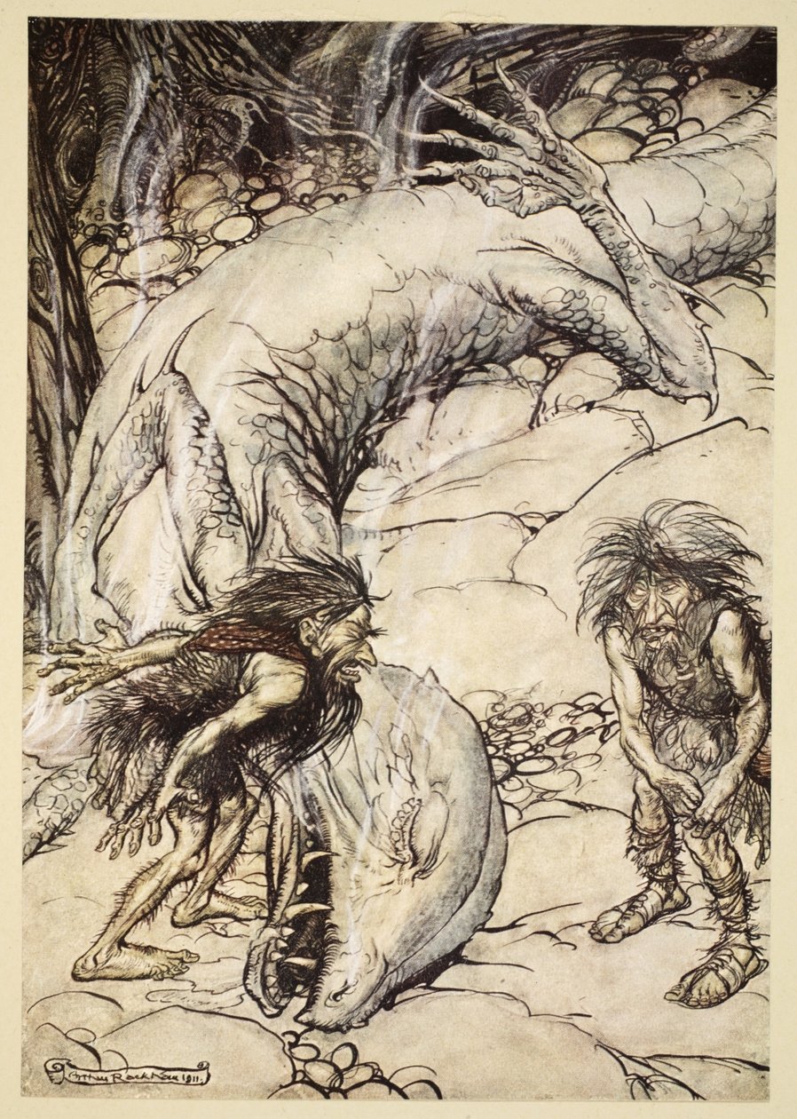 Los enanos peleando por el cuerpo de Fafner, ilustración de 