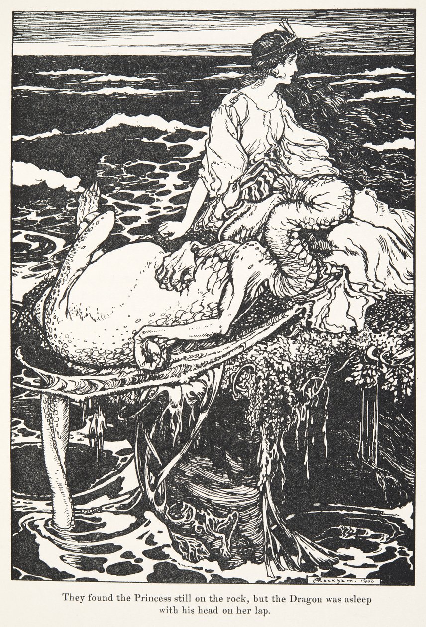 Encontraron a la princesa todavía en la roca, pero el dragón estaba dormido con la cabeza en su regazo, de Los cuentos de hadas de los hermanos Grimm, pub. 1909 de Arthur Rackham