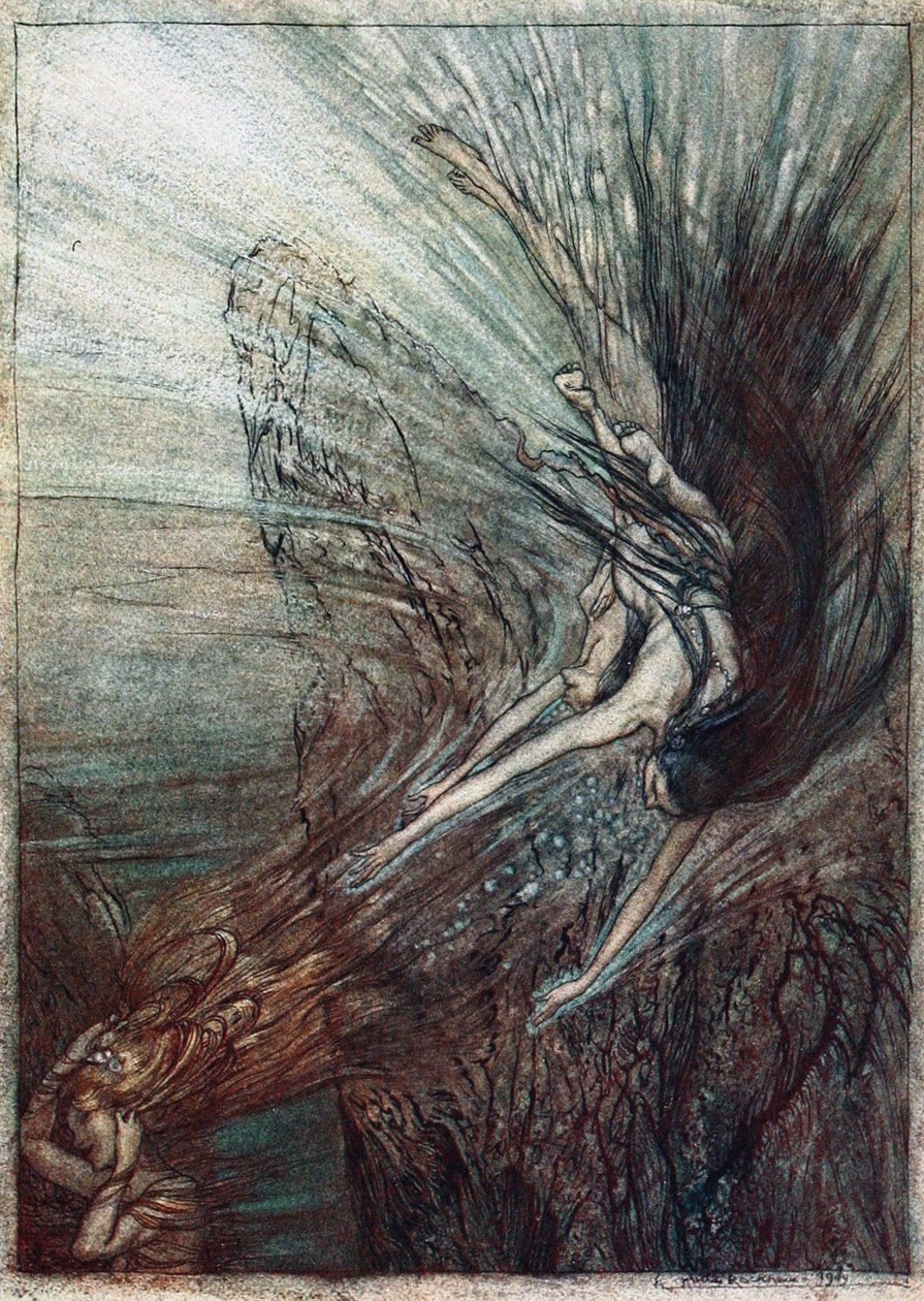 La travesura de las doncellas del Rin. Ilustración para El oro del Rin y La valquiria de Richard Wagner de Arthur Rackham