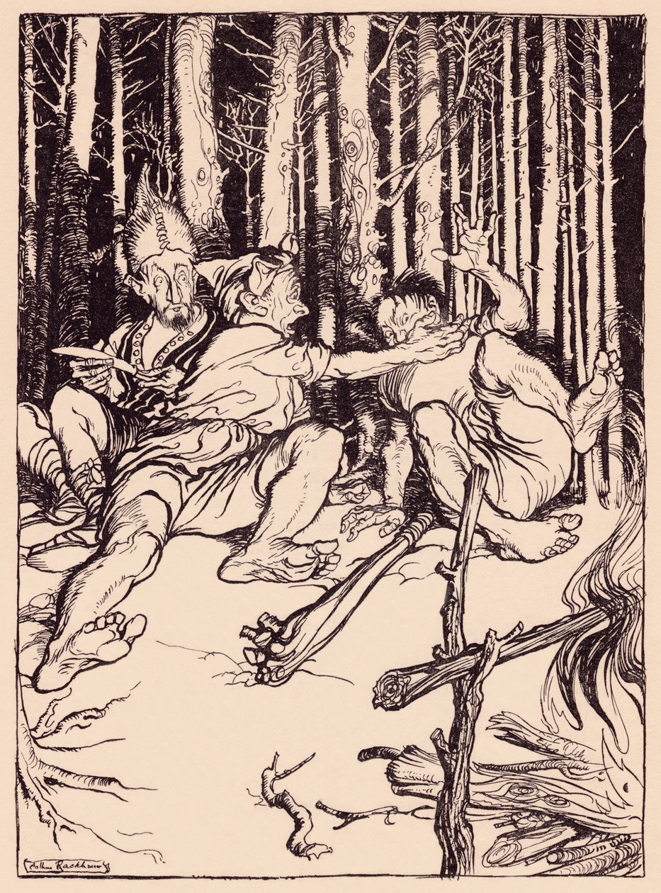 El gigante le dio un cajonazo en la oreja al que estaba sentado a su lado. Ilustración de Arthur Rackham del cuento de hadas de Grimm, El hábil cazador. de Arthur Rackham