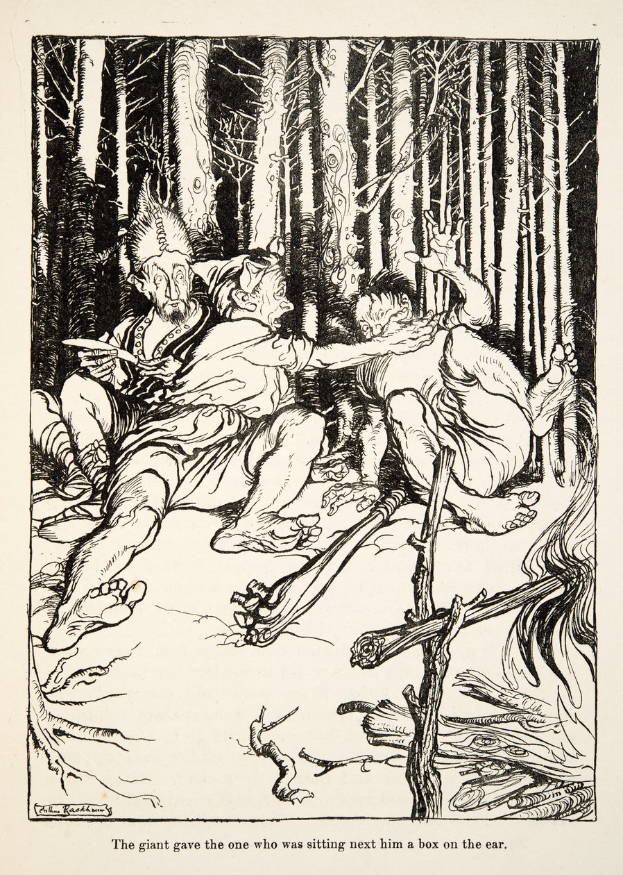 El gigante le dio una bofetada al que estaba sentado a su lado, de Hermanito y Hermanita y Otros Cuentos de los Hermanos Grimm, pub.1917 (litografía) de Arthur Rackham