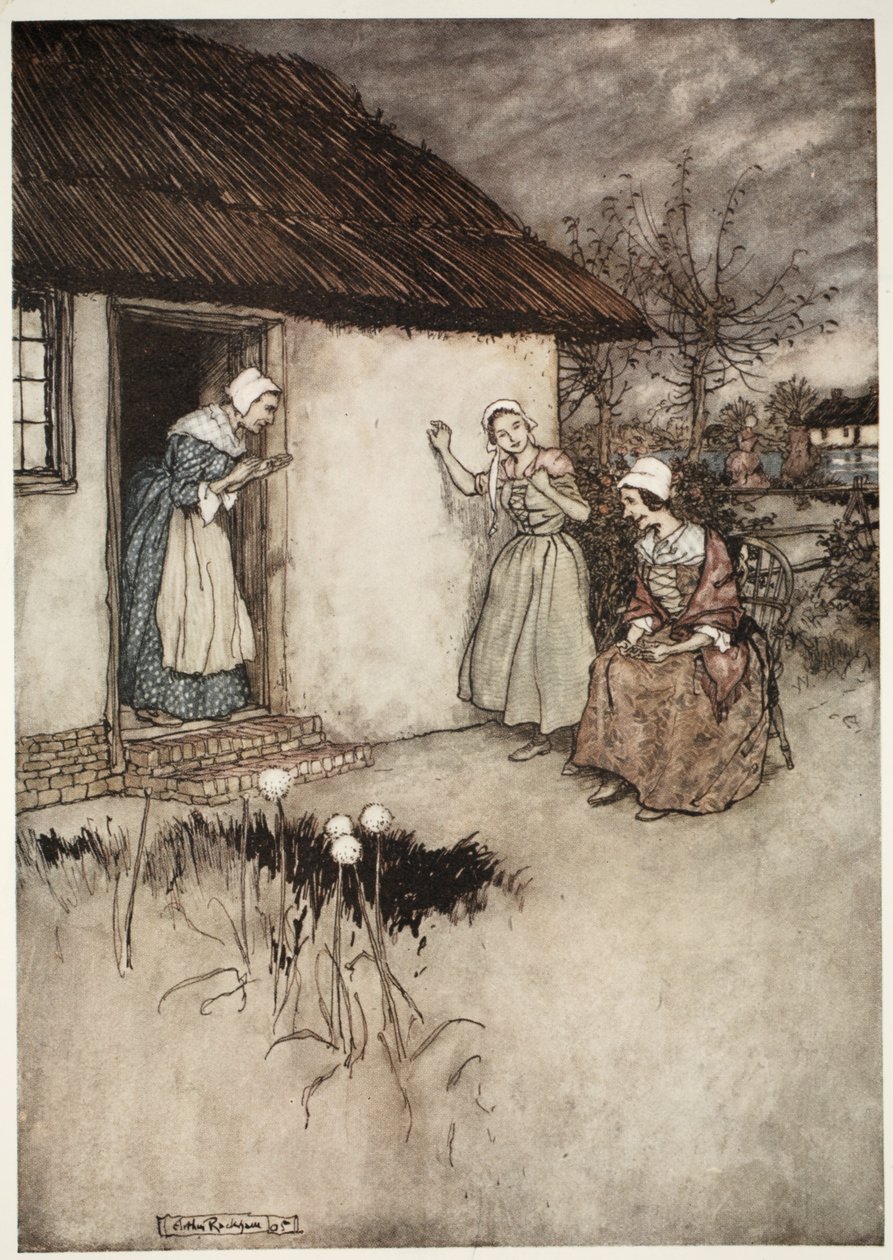 Las buenas esposas del pueblo nunca dejaban de culpar a Dame Van Winkle en sus charlas vespertinas., de Rip Van Winkle por Washington Irving, pub. 1910 de Arthur Rackham