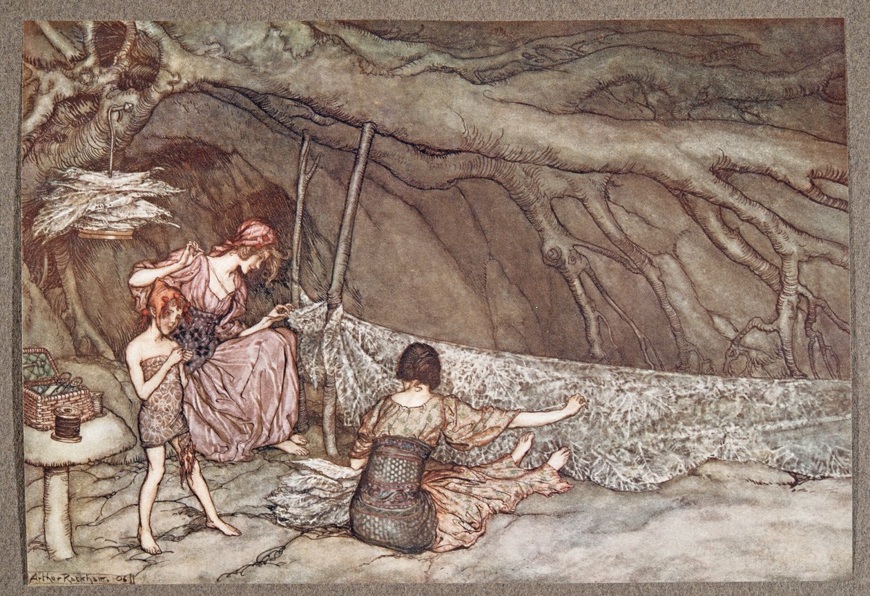 Las pequeñas personas tejen sus cortinas de verano con hojas de esqueleto .. , de Peter Pan en los Jardines de Kensington por J M Barrie (1860 - 1937), pub. 1906 de Arthur Rackham