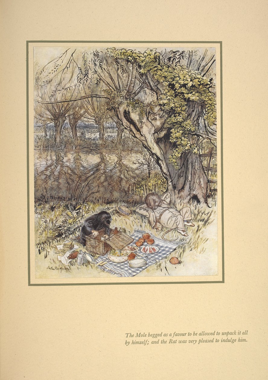 El topo suplicó como favor que se le permitiera desempaquetarlo todo él solo; y la rata estuvo encantada de complacerle". de Arthur Rackham