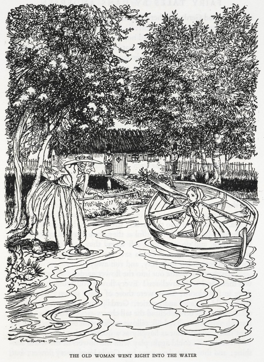 "La anciana se metió en el agua". Ilustración para "el jardín de flores de la mujer que sabía magia". Una joven, Gerda, en una barca. Una anciana se mete en el río para ayudarla. de Arthur Rackham