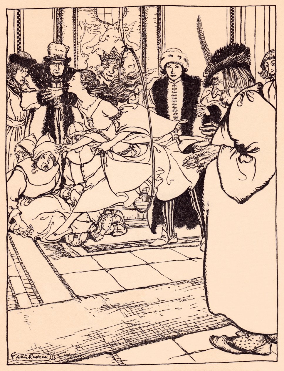 La linda doncella saltó por el aro tan ligera como un ciervo. Ilustración de Arthur Rackham del cuento de hadas de Grimm, Las tres plumas. de Arthur Rackham
