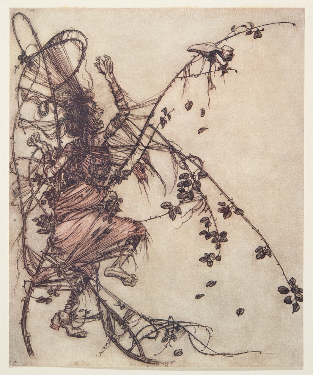 Cuanto más rápido tocaba, más alto tenía que saltar ella, de Los cuentos de hadas de los hermanos Grimm, pub. 1909 de Arthur Rackham