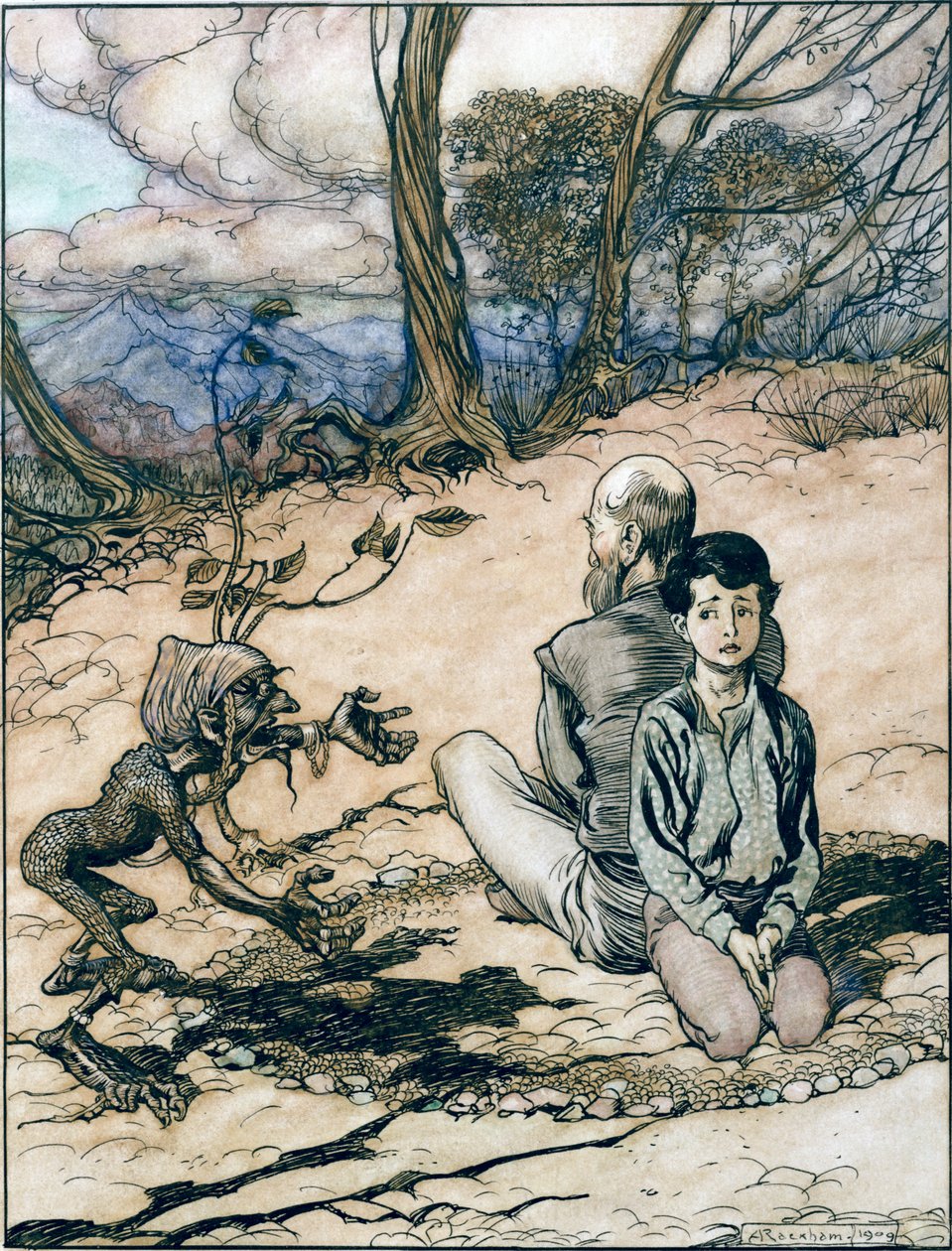 El hijo hizo un círculo, y su padre y él tomaron lugares dentro de él, y apareció el pequeño hombrecillo negro, ilustración de El rey de la montaña dorada en Los cuentos de hadas de los hermanos Grimm de Arthur Rackham