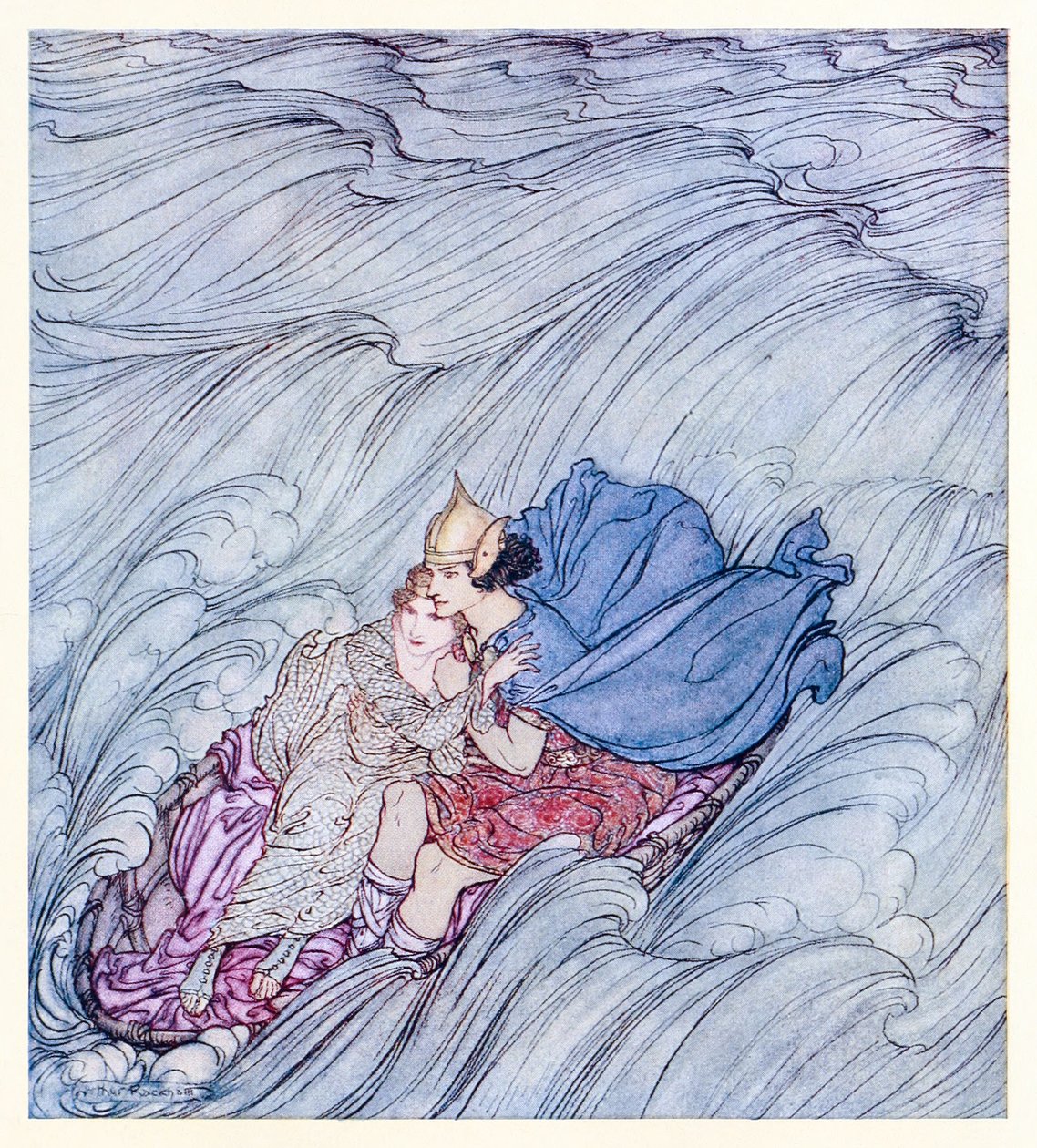 Las olas de todos los mundos parecían girar a su alrededor en una enorme alfombra verde de Becuma de la piel blanca en Cuentos de hadas irlandeses de Arthur Rackham