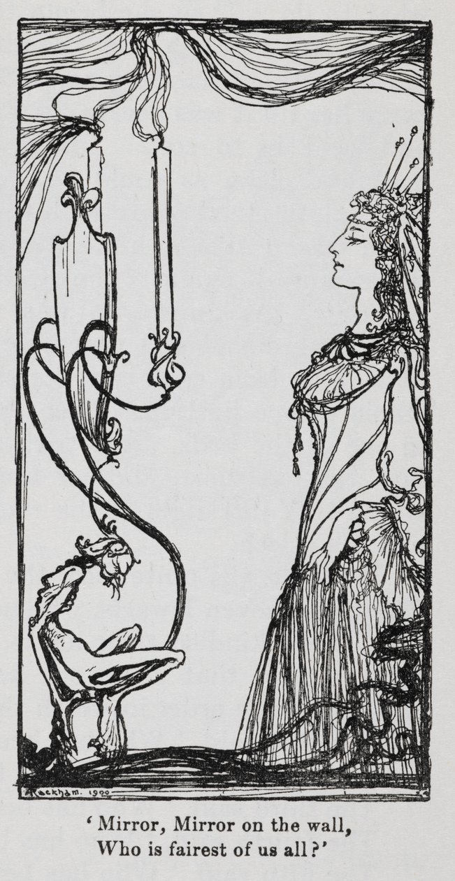 La reina malvada mirándose en el espejo de Snowdrop (Blancanieves) de Arthur Rackham