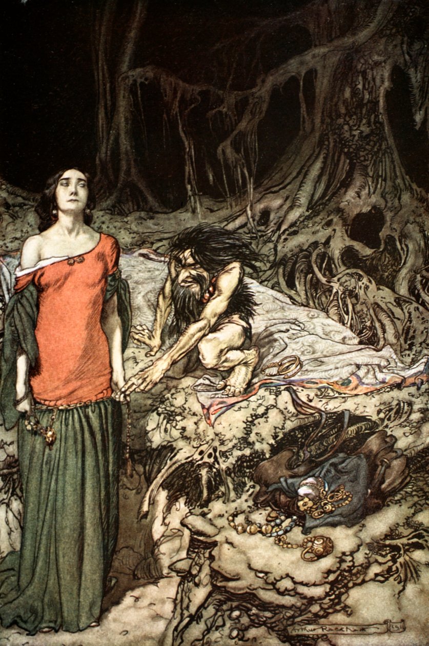 El cortejo de Grimhilde, la madre de Hagen de Arthur Rackham