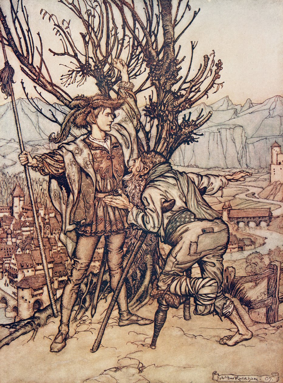 El joven príncipe dijo No tengo miedo; estoy decidido a ir y ver a la hermosa Rosa de Briar, de Los cuentos de hadas de los hermanos Grimm, pub. 1909 de Arthur Rackham