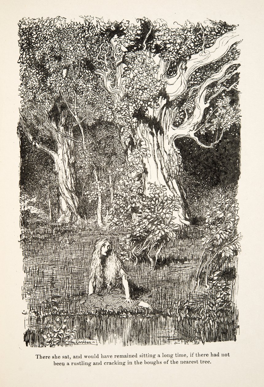 Allí se sentó, y habría permanecido sentada mucho tiempo, si no hubiera habido un crujido y chasquido en las ramas del árbol más cercano, de Hermanito y Hermanita y Otros Cuentos de los Hermanos Grimm, pub.1917 de Arthur Rackham