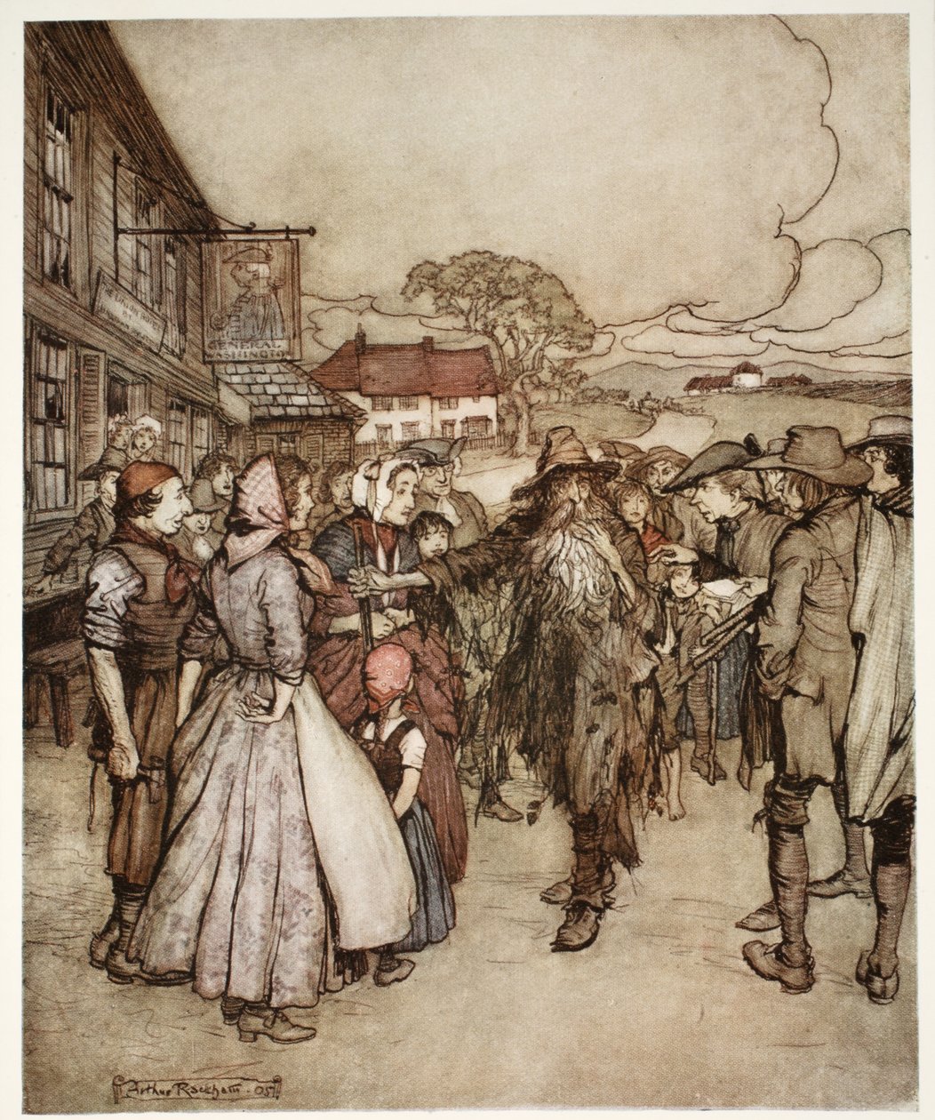 Se agolparon a su alrededor, mirándolo de pies a cabeza con gran curiosidad., de Rip Van Winkle por Washington Irving, pub. 1910 de Arthur Rackham