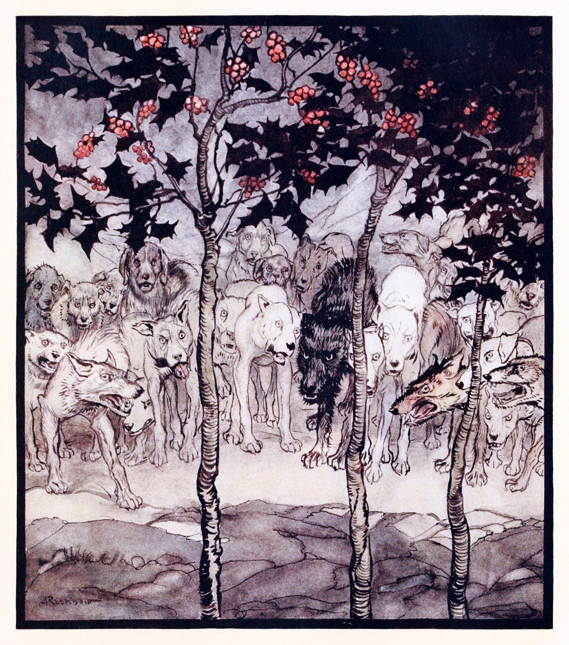 Estaban afuera, llenos de salvajismo y terror de La cueva encantada de Cesh Corran en Cuentos de hadas irlandeses de Arthur Rackham