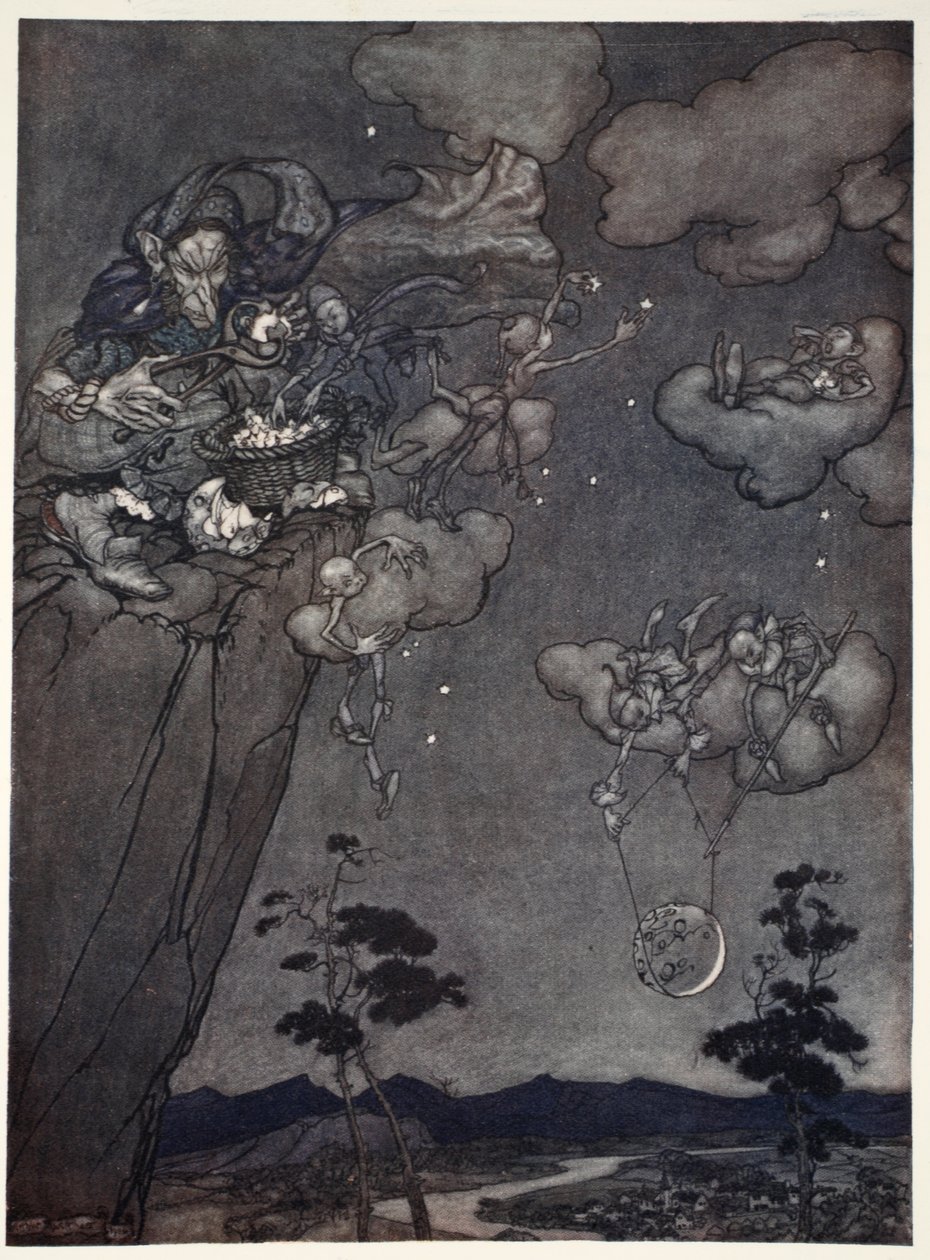 Eran gobernados por un viejo espíritu de squaw que colgaba las lunas nuevas en el cielo y cortaba las viejas en estrellas., de Rip Van Winkle por Washington Irving, pub. 1910 de Arthur Rackham