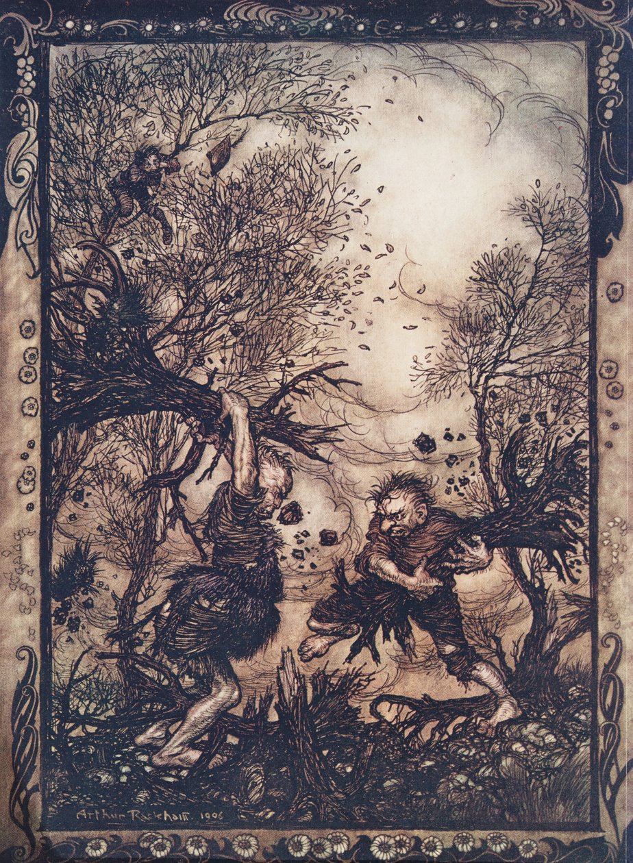 Se enfurecieron tanto que arrancaron árboles de raíz y se atacaron hasta que ambos cayeron muertos, de Los cuentos de hadas de los hermanos Grimm, pub. 1909 de Arthur Rackham