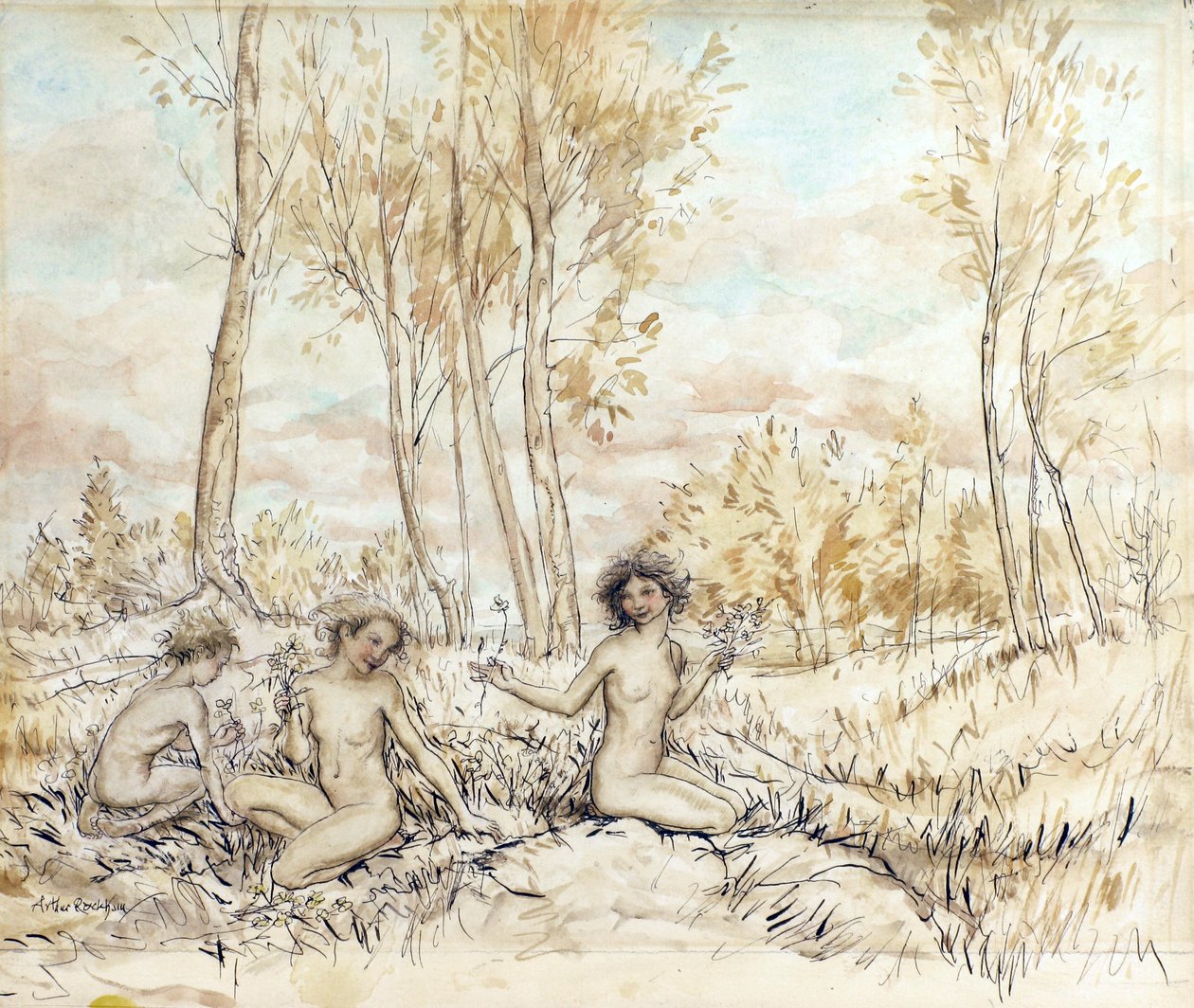 Tres ninfas del bosque recogiendo flores de Arthur Rackham