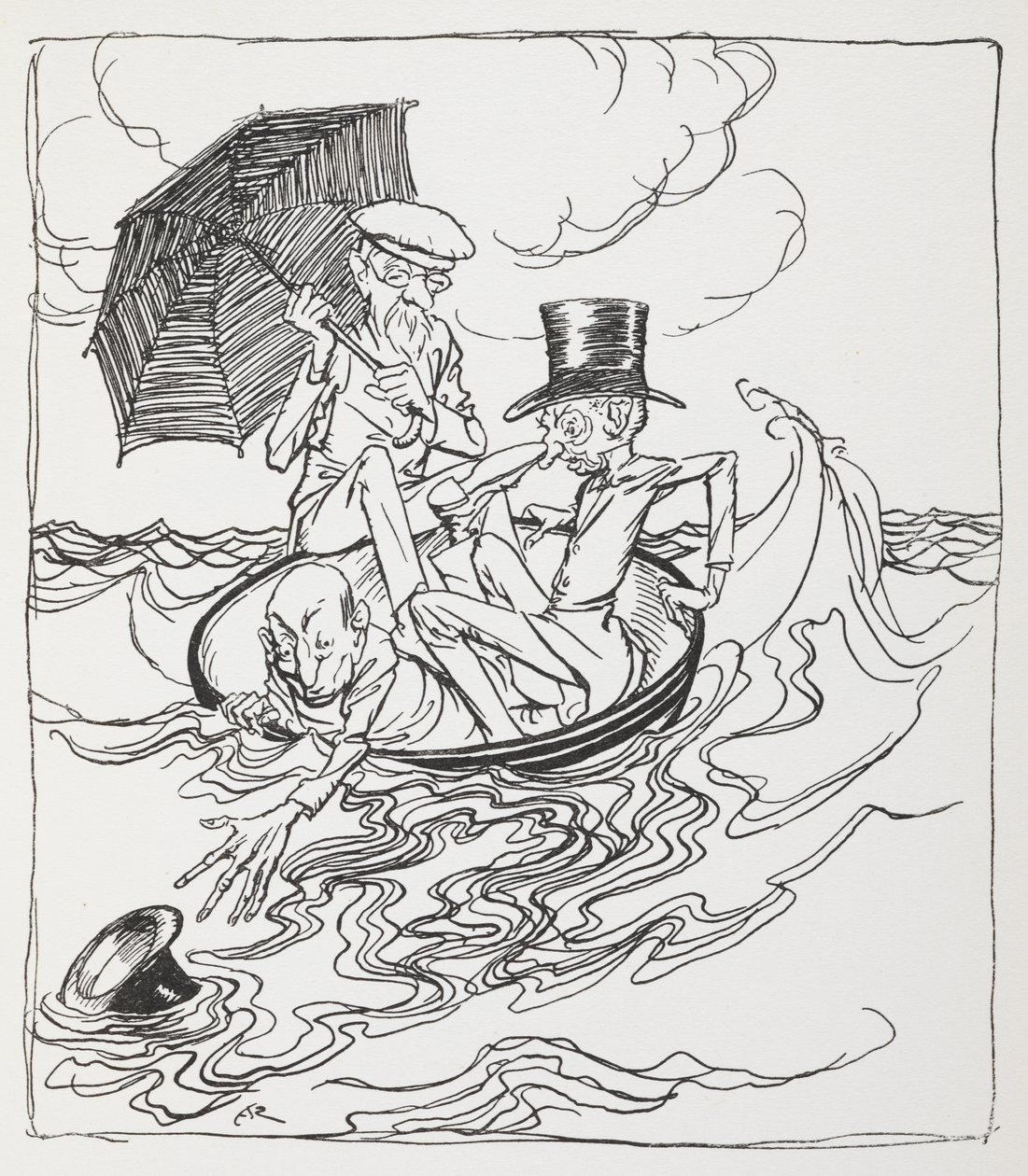 Tres hombres en un cuenco sobre el mar. de Arthur Rackham
