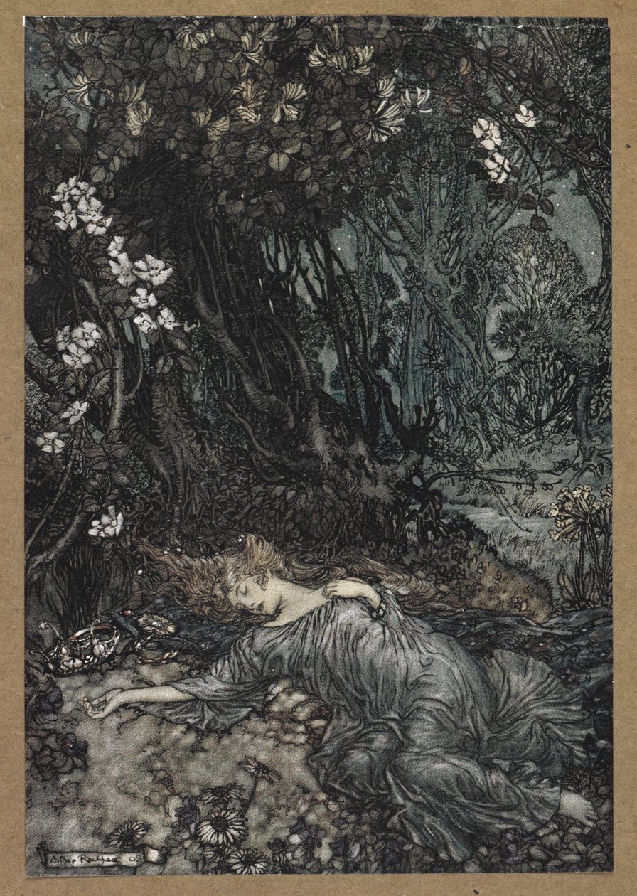 Titania durmiendo".
Una escena de "Sueño de una noche de verano". de Arthur Rackham
