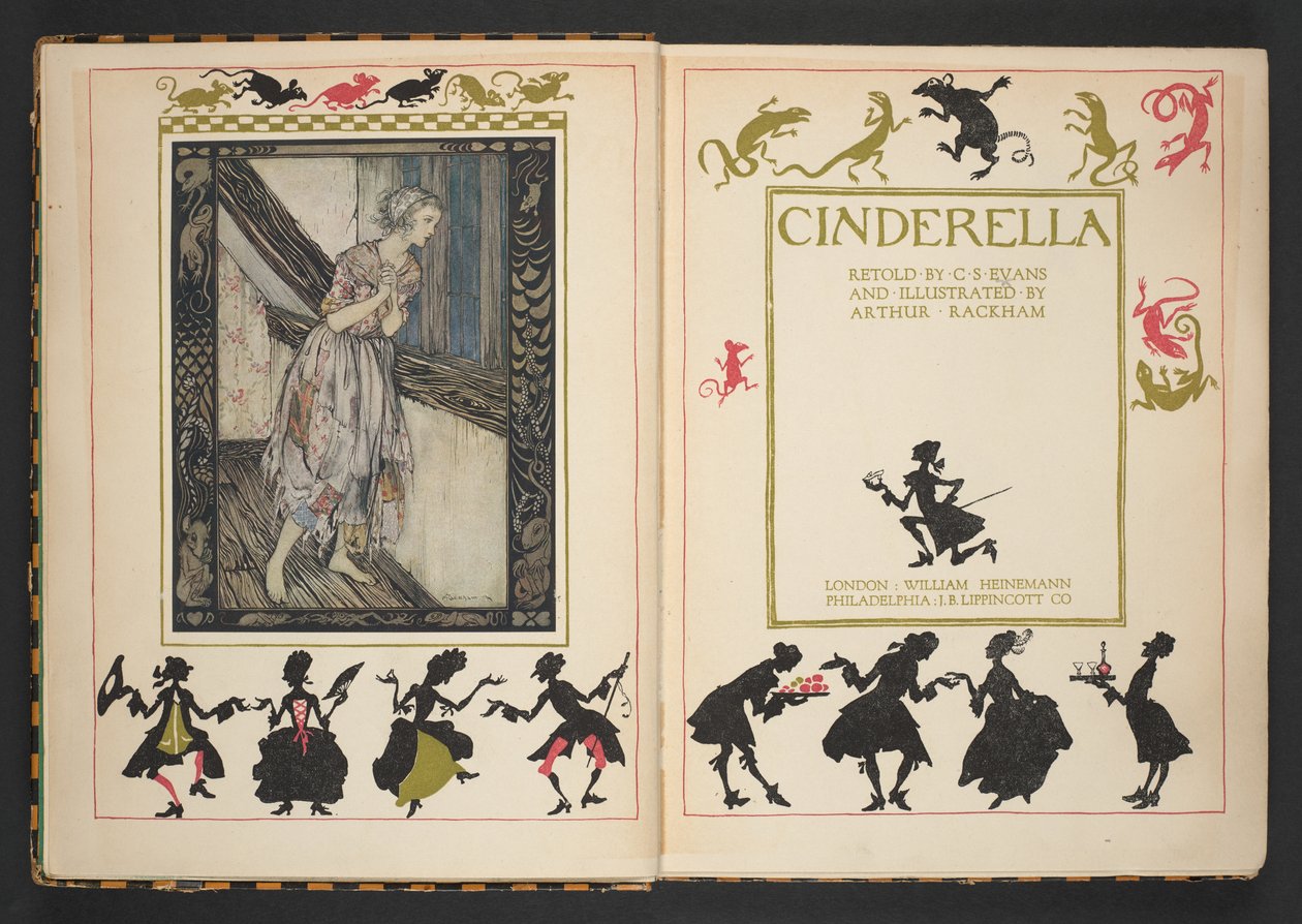 Portada y frontispicio de Cenicienta, contada de nuevo por CS Evans e ilustrada por Arthur Rackham de Arthur Rackham