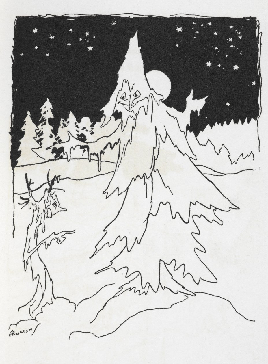Dos hombres-árbol en un bosque nevado de Arthur Rackham