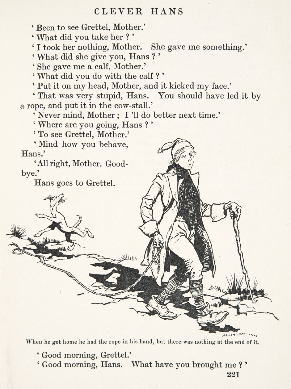 Cuando llegó a casa tenía la cuerda en la mano, pero no había nada al final, de Los cuentos de hadas de los hermanos Grimm, pub. 1909 de Arthur Rackham