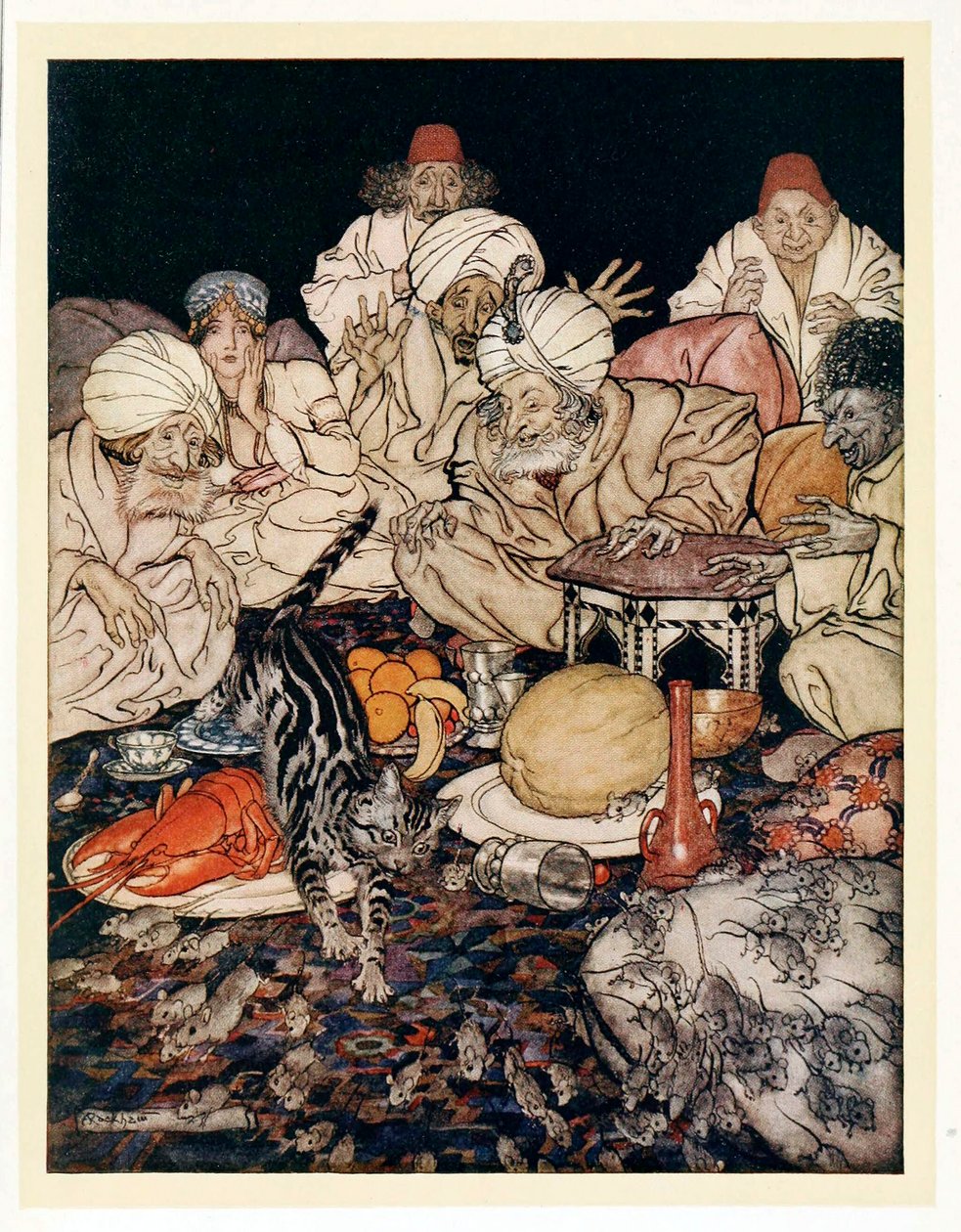Cuando el Gato vio las ratas y ratones, no esperó a que se lo dijeran, de Cuentos de hadas ingleses, pub. 1922 de Arthur Rackham