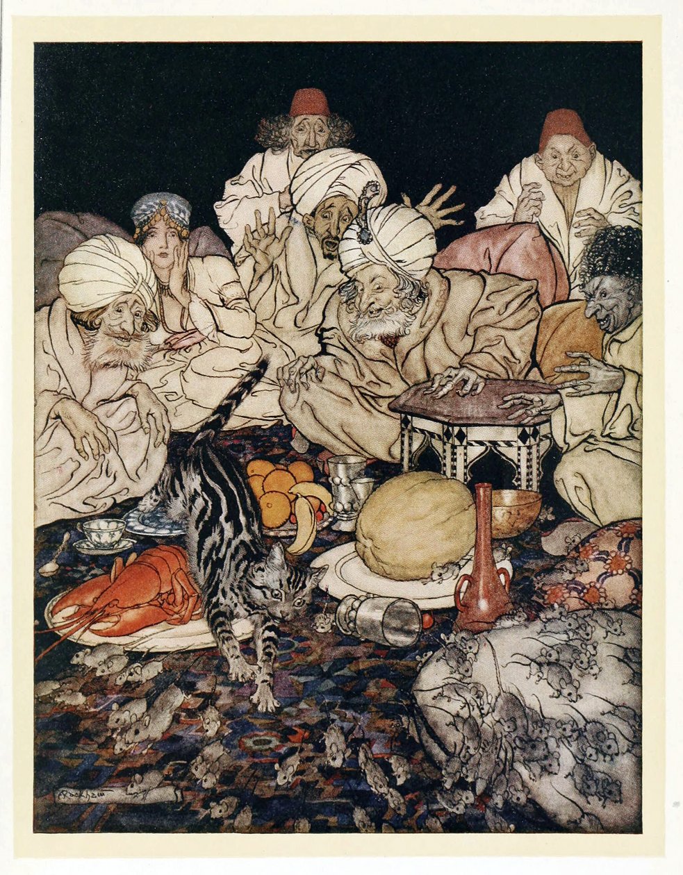 Cuando Puss vio las ratas y ratones, no esperó a que se lo dijeran, de Cuentos de Hadas Ingleses, pub. 1922 de Arthur Rackham
